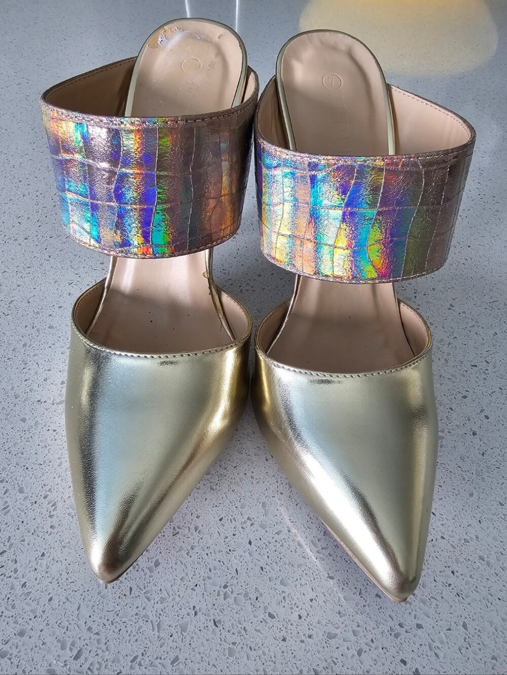 Wild DIVA Gold Pointed-Toe Mule with Holographic Strap - Women
